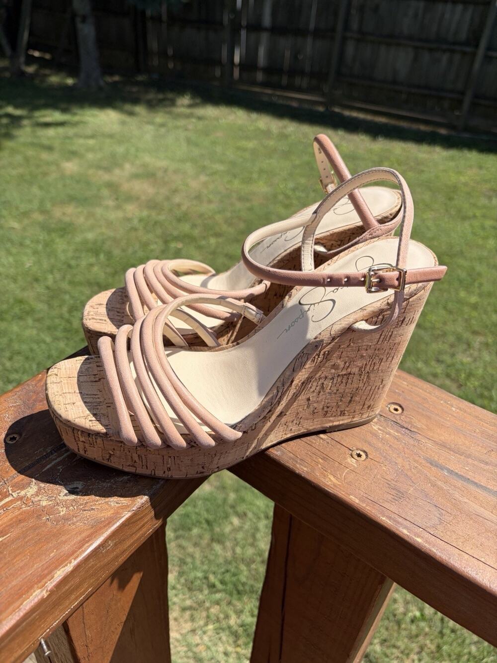 NWOB Jessica Simpson Sierah Size 7 Nude Leather Strappy Cork Wedge Sandals